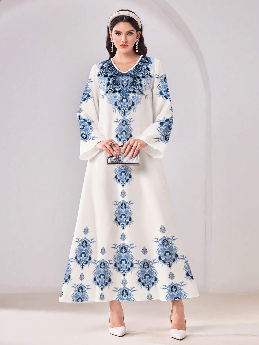 Al Najma 女士V领碎花休闲连衣裙,适合聚会和外出穿着 - 彩色 - 查看 1