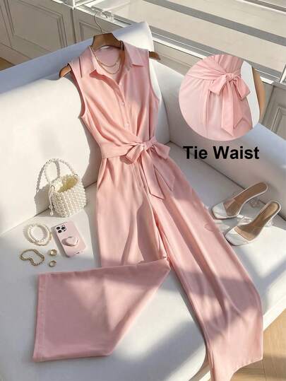 SHEIN Franclia Women's Summer French Elegant Pink Shirt Collar Sleeveless Tie Front Tie Waist Wrap Jumpsuit With Wide Leg Pants, Pink Jumpsuits Shirt Jumpsuits Sleeveless Jumpsuits Bow Decor Jumpsuits Perfect For Workplace,Mother's Day Party,Anniversary Business Attire,Music Festivals,Beach Vacations,And Daily Commute,Weekend Picnic,Casual Outing With Friends,Parties,Dates,Dinner,Fresh And Cute Style,Daily Commute Chic Outfit,Spring/Summer Outfits Beach Outfits,Party Outfits,Birthday Dress,Commuter Outfits