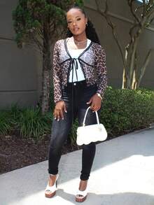 Steph T Open Front Leopard Print Mesh & Lace Contrast Ladies Sexy Tie Front Flare Sleeve V Neck Brown Top, Spring/Fall,Casual Daily Wear Y2K  - Brown - View 3