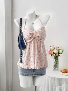 SHEIN Sweetro Áo hai dây dáng ôm họa tiết hoa nhí tươi tắn, đa năng, mới mẻ cho mùa hè. - Hồng - Xem 5