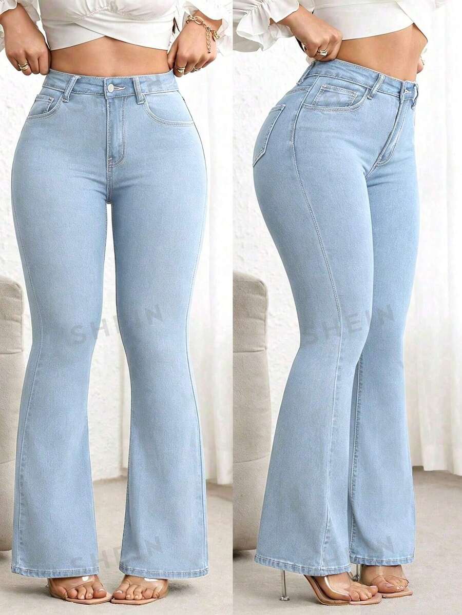 Flexra Quần jeans ống loe cạp cao dáng ôm dành cho người có thân hình đầy đặn, màu xanh đậm đã giặt. - Rửa nhẹ - Xem 1
