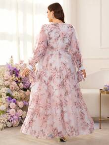 Modelyn Plus Size Women Floral Print Ruched Waist Elegant Party Dress - Baby Pink - View 2