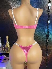 MidnightGlam 2pcs Rhinestone Bow Splice Shiny Coating Hollow Underwire Supportive Bra Set For Women - Pink - View 2