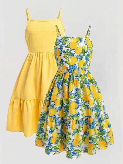 Genkimix Kids Tween Girls' 2-Pack Spaghetti Strap Dress, Slim Fit Waist With Ruffle Hem, Versatile Simple Style. One In Lemon Yellow, One In Green, Vibrant Colors Suitable For Travel, Photography, Summer Outings
