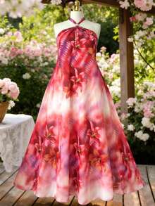 Rometta Plus Size Women Floral Print Casual Halter Neck Dress - Multicolor - View 4