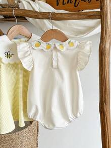 Vintaside Kids 女嬰杏色連身褲 白色夏季可愛拍照款 櫻桃刺繡領口 甜美簡約風 舒適版型 適合休閒外出 - 米色 - 查看 2