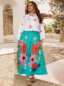 EMERY ROSE Plus Size Women Floral Print Shirt And Skirt Set, Vacation Gym Brown Autumn - Multicolor - View 4