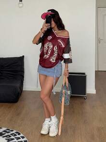 Coolane Women's Summer Streetwear Casual Y2K Leopard Print Number Graphic Football Jersey V-Neck Burgundy T-Shirt, Top Everyday - Red Violet - View 4