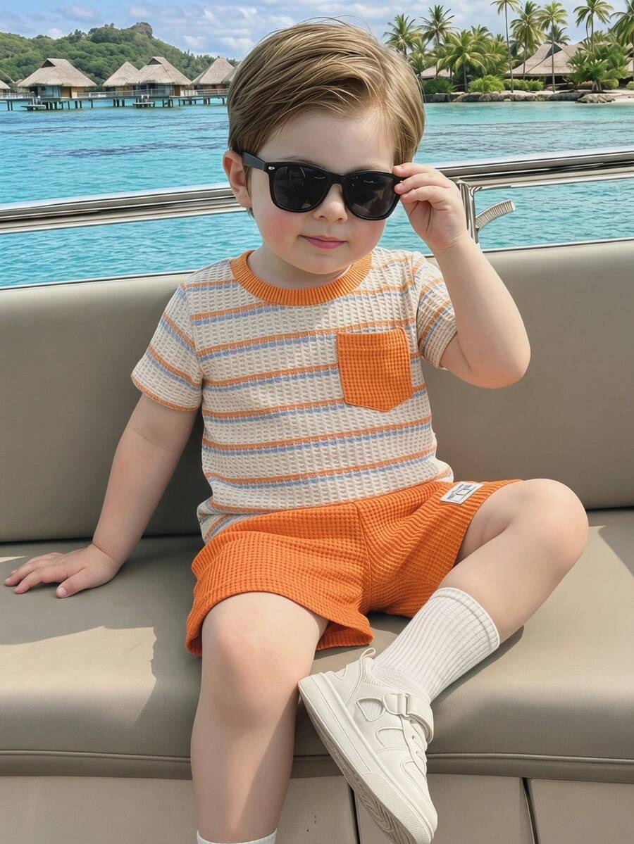 SHEIN Streecool Kids Bộ đồ mùa hè cho bé trai, gồm áo thun ngắn tay có túi kẻ sọc và quần short. - Nhiều màu - Xem 1