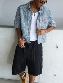 STEELVANCE Áo sơ mi nam tay ngắn chất liệu denim xanh thêu họa tiết jacquard phong cách đường phố thường ngày. - Rửa nhẹ - Xem 3