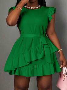 Slaydiva Vestido casual de talla grande con volantes en el bajo y unicolor - Verde - Ver 2