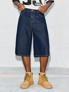 Paul Frank X SHEIN Quần đùi Bermuda denim dáng rộng in chữ dành cho nam - Rửa tối - Xem 2