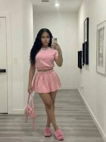 Slaydiva Women Two Pieces Set Light Pink Summer Casual School Back-To-School Y2k Clothes Loose-Fitting Round Neck Short-Sleeved T-Shirt+Pleated Skirt&Leggings - Pink - View 5