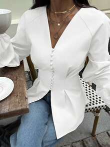 Siren Gaze Blusa de manga farol con cuello en V, cintura plisada, unicolor, versátil, para uso casual, diario y laboral, primavera/otoño - Blanco - Ver 5