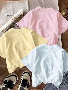 SHEIN 3件組少女休閒短袖T恤套裝，卡通花卉圖案，馬卡龍粉色，夏季度假，極簡圓領，隨性時尚度假風 - 彩色 - 查看 2