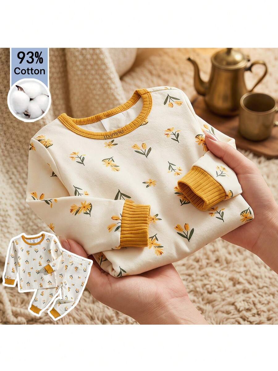 Bộ đồ ngủ ôm sát in hình hoa hoạt hình cho bé gái, màu vàng tương phản, áo tay dài cổ tròn bằng vải dệt kim mềm mại và quần dài cạp chun, thích hợp mặc ở nhà, đi nghỉ mát, mặc nhiều lớp và trong nhiều dịp khác nhau. - Nhiều màu - Xem 1
