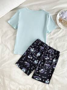 Girls' Cute Sloth Graphic All-Over Print 2 Pieces Pajama Set,Light Blue And White Snug Fit Short Sleeve Top And Shorts,Summer Home Wear Sleep Night - Mint Green - View 2