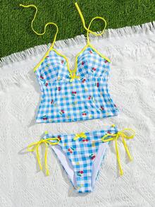 Swim Mod Women's Cute White Gingham Check Floral Bow V-Wavy Neck Swimwear Top Tie-Side Bikini Bottom 2pcs Tankini Set For Summer Holiday,Pool Party Golf - Multicolor - View 7
