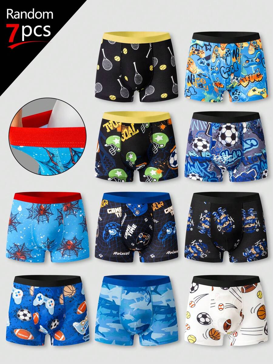 SHEIN GraphicGems [7 Bộ Ngẫu nhiên] Quần boxer nam tuổi teen in hình graffiti phong cách với họa tiết động vật hoạt hình và thể thao nhiều màu sắc. Loại quần lót dệt kim nhẹ, thoải mái này lý tưởng cho trang phục thường ngày, mang lại cảm giác mềm mại, thân thiện với da cùng các thiết kế đồ họa hiện đại, thời trang với các tông màu xanh dương, đen và trắng. - Nhiều màu - Xem 1