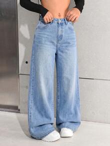 SHEIN Jeans anchos y sueltos de estilo casual y versátil para uso diario para adolescentes - Lavado ligero - Ver 4
