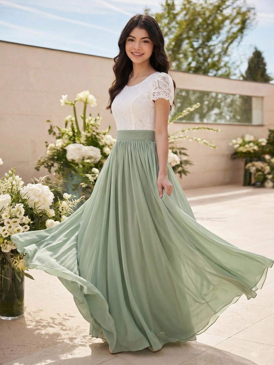 Teen Girls Green Formal Dress, White Lace Contrast Mesh Puff Sleeve Elegant Dress, Lightweight Soft Fabric, Suitable For Vacation, Graduation, Back To School, Wedding Season, Various Balls And Formal Occasions - Mint Green - View 1