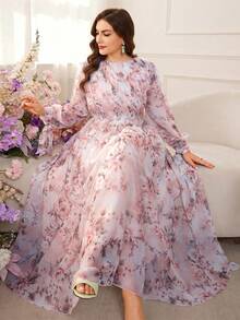 Modelyn Plus Size Women Floral Print Ruched Waist Elegant Party Dress - Baby Pink - View 1
