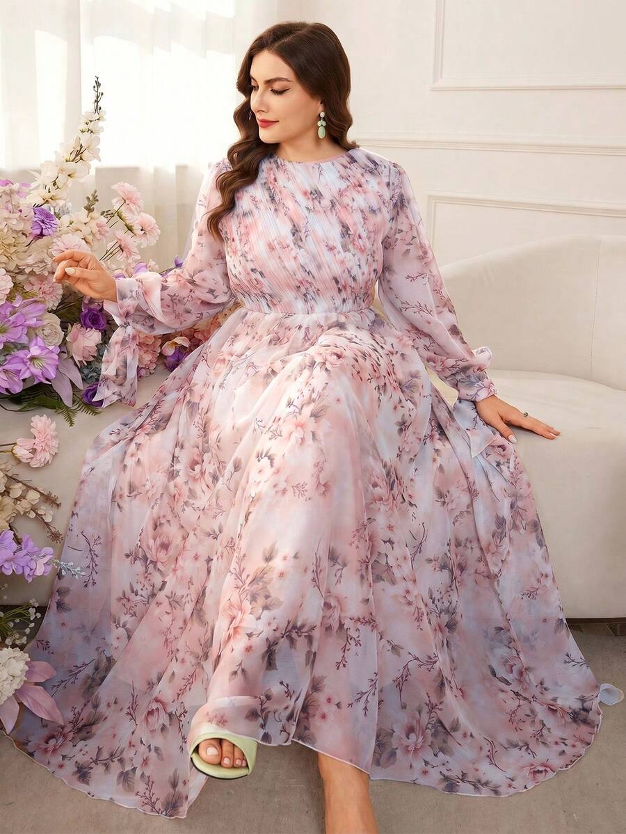 Modelyn Plus Size Women Floral Print Ruched Waist Elegant Party Dress - Baby Pink - View 1