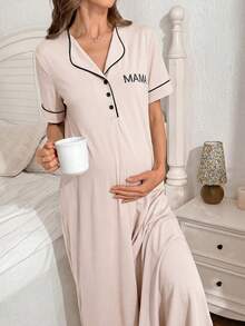 Moonlight&Mama Solid Color Comfortable Fabric Letter Print "MAMA" Front Pocket Snap Button Short Sleeve Maxi Maternity Dress/Nightgown - Apricot - View 3