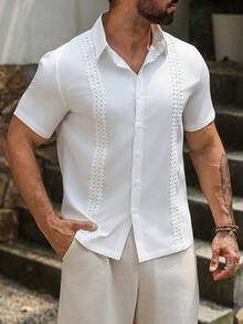 VENTUSAIL 男士休閒白色夏季短袖襯衫，風 Guayabera 風格蕾絲襯衫，附壓褶細節，度假假期婚禮復古上衣 - 白色 - 查看 6