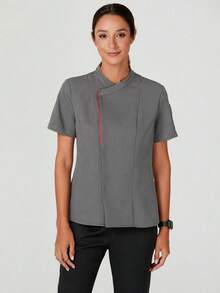 TaskEZ Women's Summer Contrast Piping Patch Pocket Short Sleeve Work Uniform - Grey - View 4