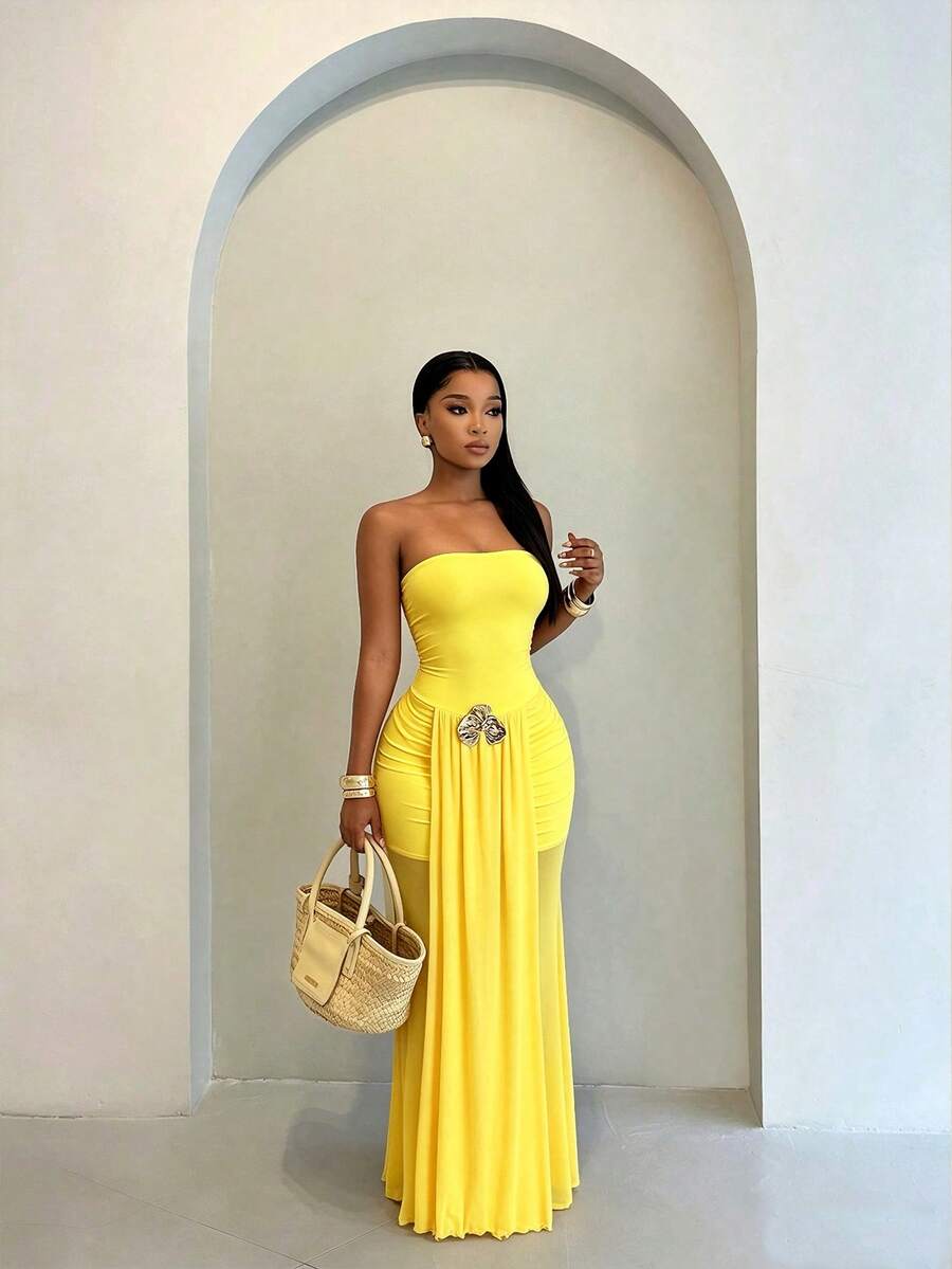 SHEIN BamGlam Summer Women's Beach Casual Vacation Strapless Mesh Patchwork Sheer Dress - Yellow - View 1