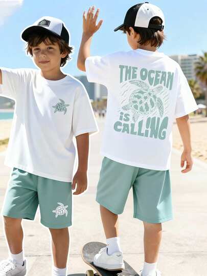 2pcs/Set Tween Boys' Casual Turtle Print Short Sleeve T-Shirt And Matching Shorts, Street Style Outfit For Daily Wear, Suitable For Beach, Vacation, Photo Shoot, Spring/Summer 2026 New Fashion