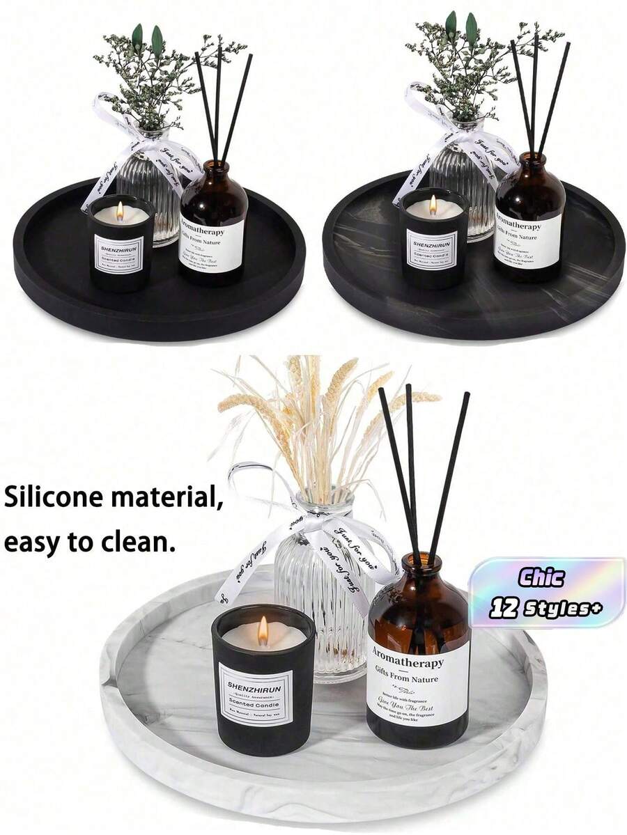 1PC/3PCS Round Marble Pattern Storage Tray, Bathroom Organizer Rack, Easy To Clean, Candle/Fragrance Holder, Silicone Vanity Tray, Jewelry Dish, Ideal For Liquid Soap, Shampoo, Spice Jars, Vase Mat In Home, Bathroom, Kitchen, Living Room, - Multicolor - View 1