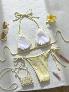 Swim Mod 女士提花面料挂脖比基尼套装，金属装饰，春夏款 - 黃色 - 查看 2