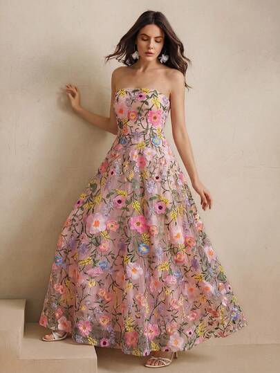 Anewsta Women's Elegant Pink Floral Embroidery Luxury Dress,Summer High Waist A-Line Silhouette Evening Gowns,Wedding Ninang Bridesmaid Birthday Parties