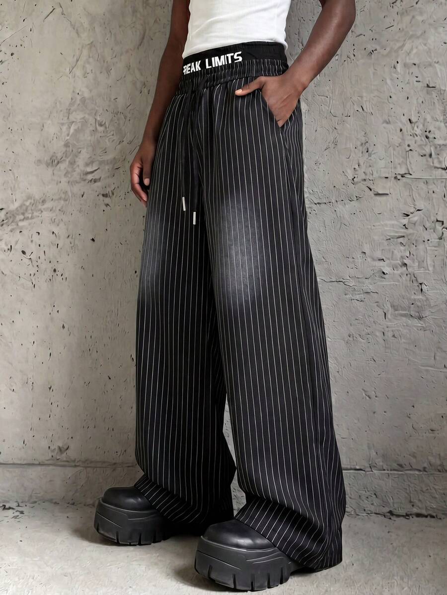 PAVTROS Pantalones casuales sueltos con cordón en la cintura y bolsillos, de pierna ancha y con rayas para hombre - Negro - Ver 1