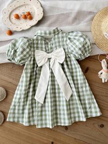 SHEIN Đầm dệt cổ bẻ kẻ caro tay cánh hoa cho bé gái - màu xanh lá - Xem 6