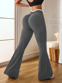 Slayform Slayform Women's Contrast Color Ruched Flare Sports Leggings - Dark Grey - View 8