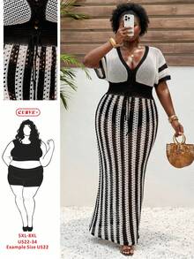 SHEIN CURVE+ Vestido de punto de manga corta con estampado de rayas, calado y transparente, para vacaciones en la playa, talla grande - Blanco y Negro - Ver 1