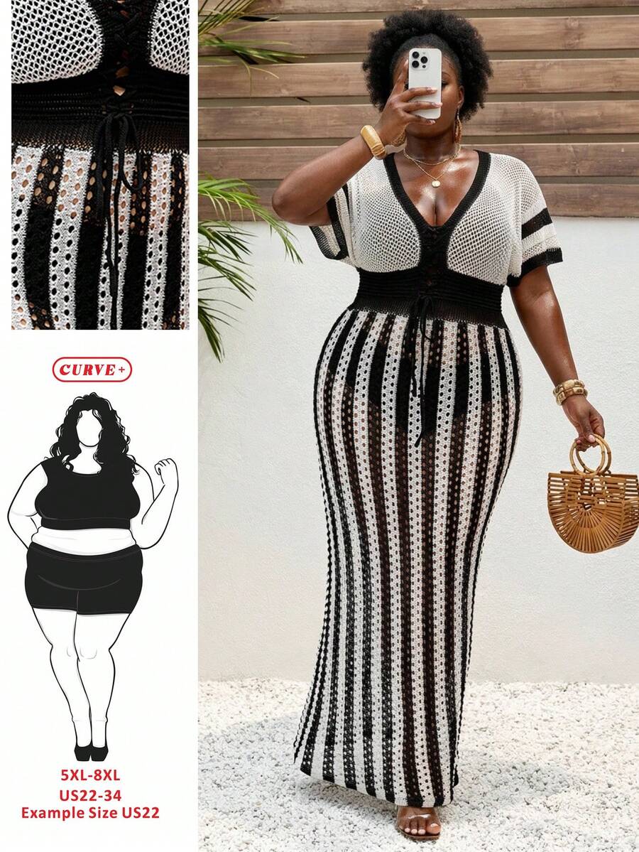 SHEIN CURVE+ Vestido de punto de manga corta con estampado de rayas, calado y transparente, para vacaciones en la playa, talla grande - Blanco y Negro - Ver 1