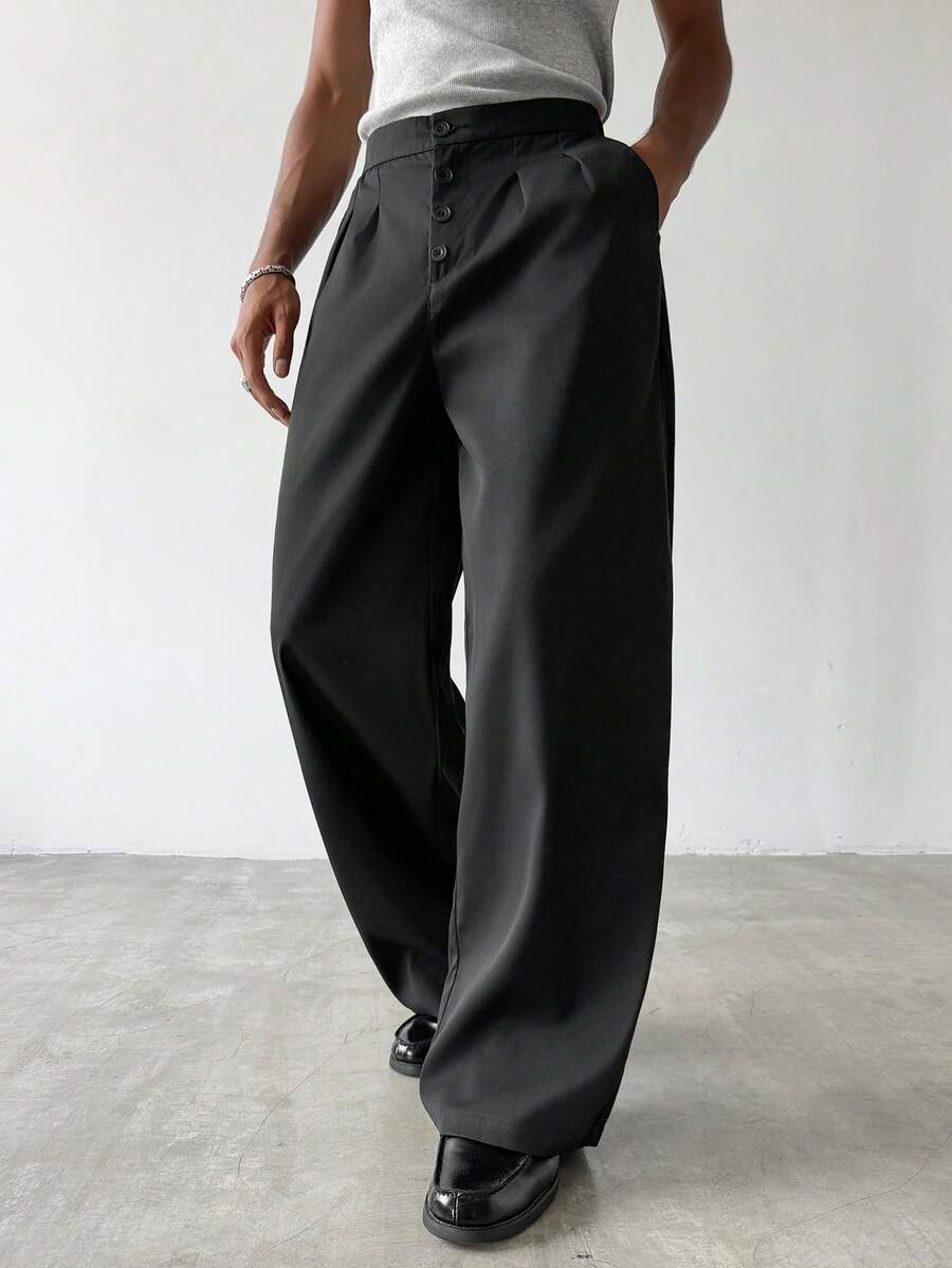 STYNVO Men's Solid Color Button Front Casual Straight Leg Pants - Black - View 1