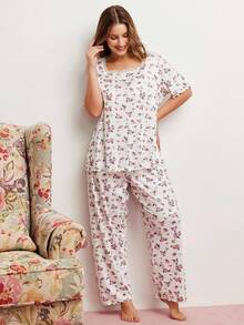 Elorette Plus Size Printed Lace Splice Crew Neck Short Sleeve Top And Pants Loungewear Set, Bountiful Floral Splendor Cozy And Elegant Details - White - View 6