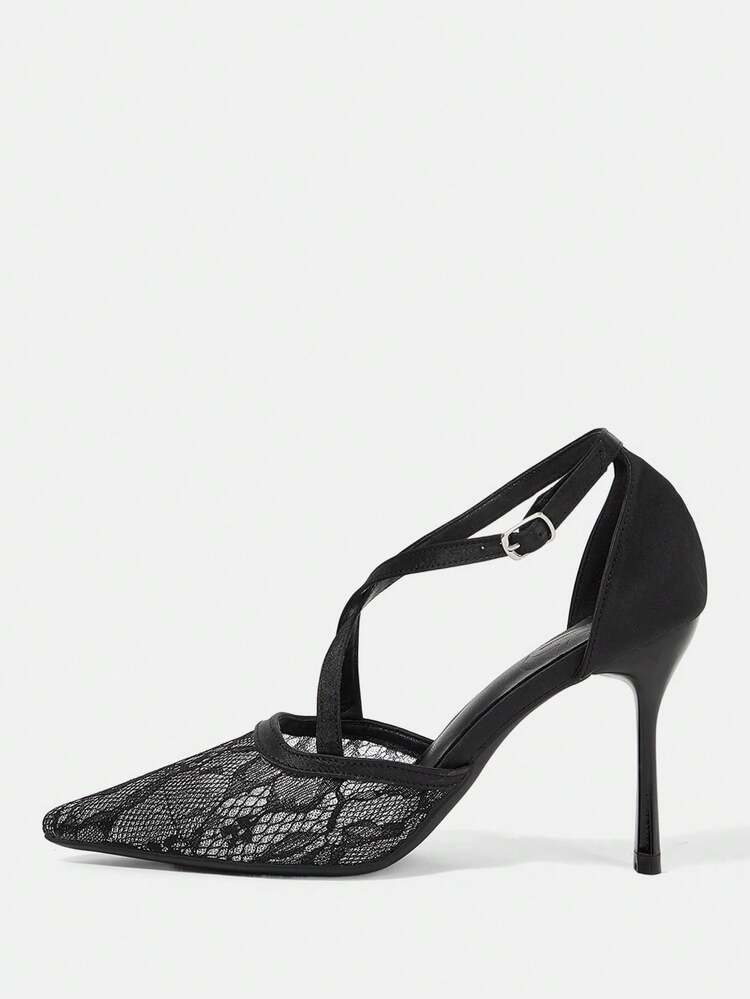 CUCCOO HITCHD Ladies Black Lace Cross Strap Pointed Heel High Heels 8cm French Sexy Hollow Mesh Satin Single Shoes, Commuter Dating Banquet Versatile