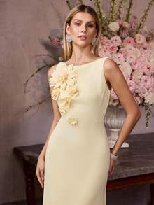 MOTF Soiréza WOMEN'S BOAT NECK SLEEVELESS 3D FLORAL LONG MERMAID DRESS, SPRING/SUMMER - Yellow - View 5