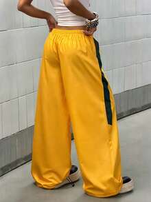 StreetHx Women's Fashionable Y2k Contrast Color Drawstring Waist Sports Street Pants Gym Yellow Autumn - Yellow - View 2