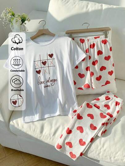 Loomlin Cotton Line Women Heart Pattern Round Neck Short Sleeve Top Comfy Cute Casual Heart Printed Shorts And Pants 3 Pcs Set