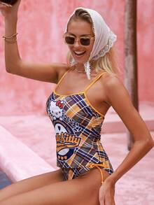Swim Mod HELLO KITTY AND FRIENDS | SHEIN Summer Beach Casual Cute Vacation Plaid Cartoon Print Tankini Set Navy Blue And White - Multicolor - View 4
