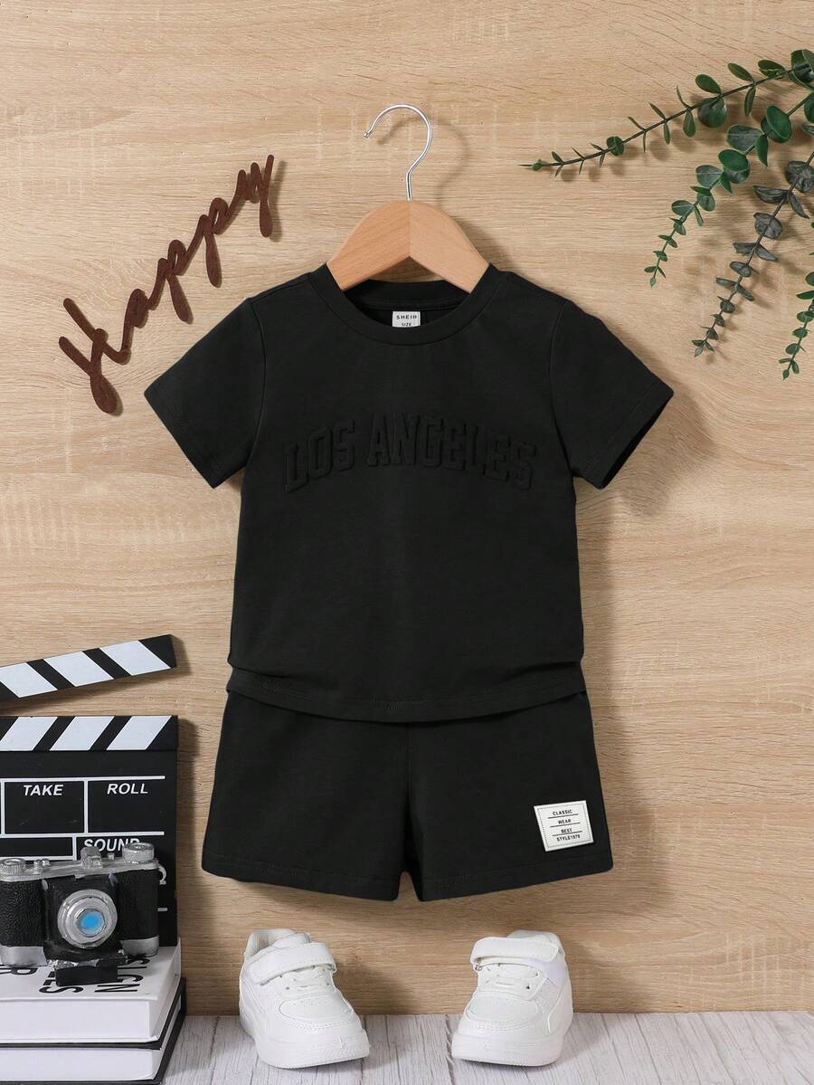 SHEIN Leap Crew 2pcs Baby Boy/Girl Letter Pattern Crew Neck Short Sleeve T-Shirt + Decorative Buttons Casual Shorts Set - Black - View 1