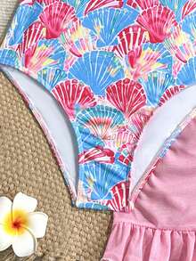 SHEIN 少女夏季海滩度假贝壳印花连体泳衣带裙套装 - 粉色 - 查看 5