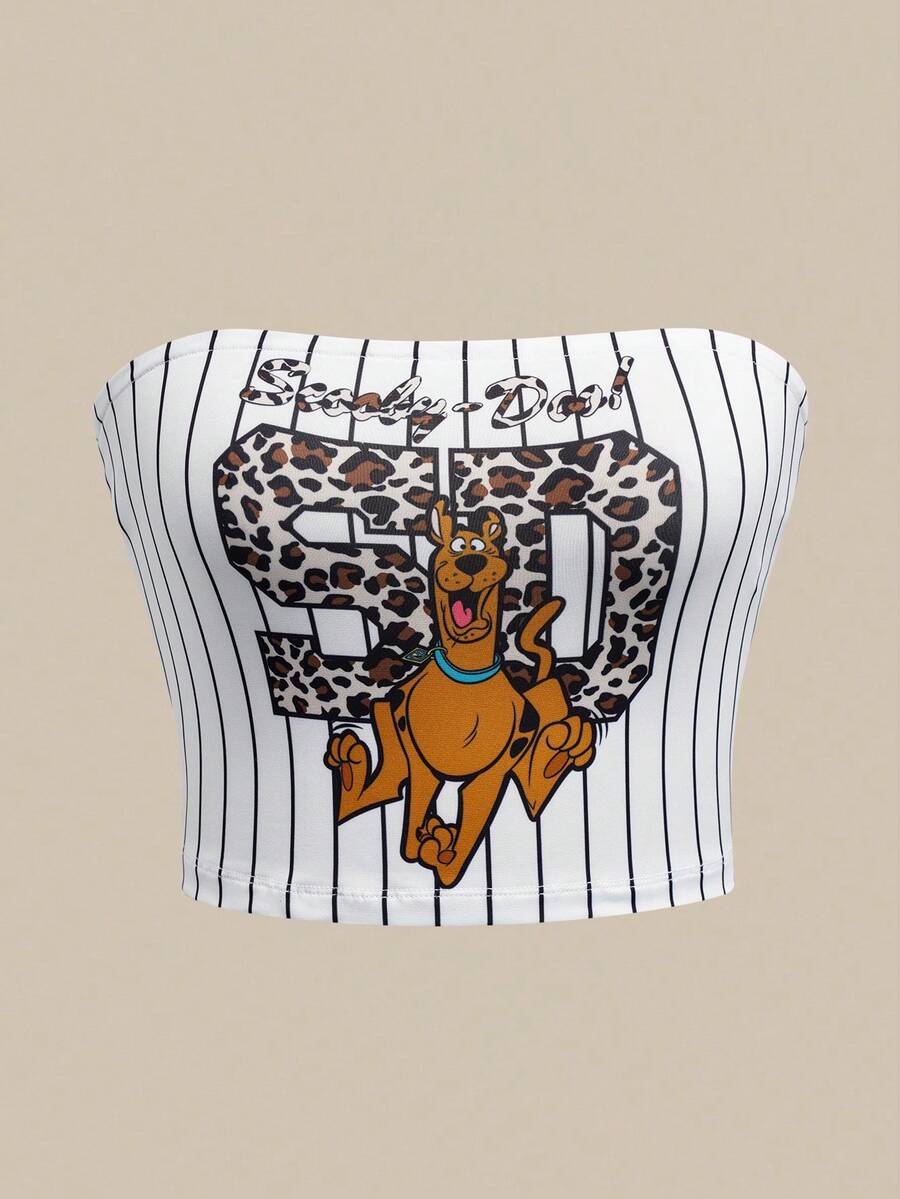 SCOOBY-DOO X SHEIN Top tubo casual de mujer con estampado de letras y dibujos animados, versátil para uso diario - Blanco - Ver 1